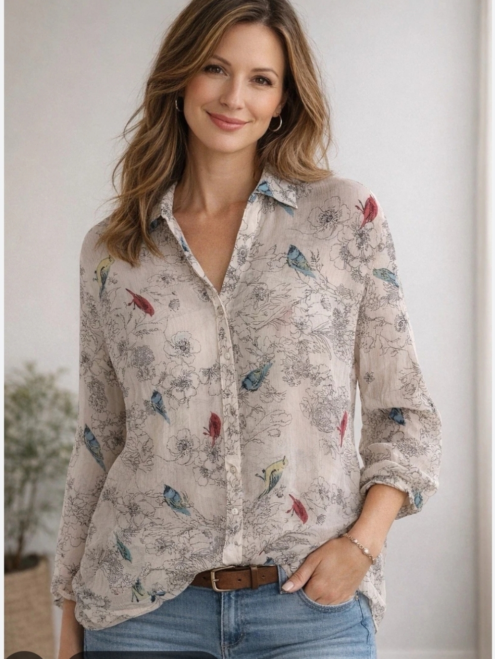 Sweet Magnolia cream-colored bird print sheer blouse XXL